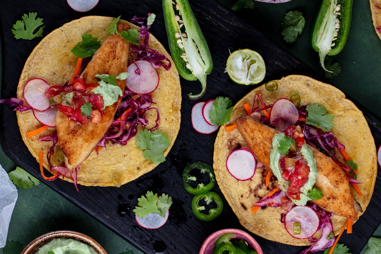 Pompano Tacos with Chipotle-Cilantro Slaw and Avocado-Lime Crema