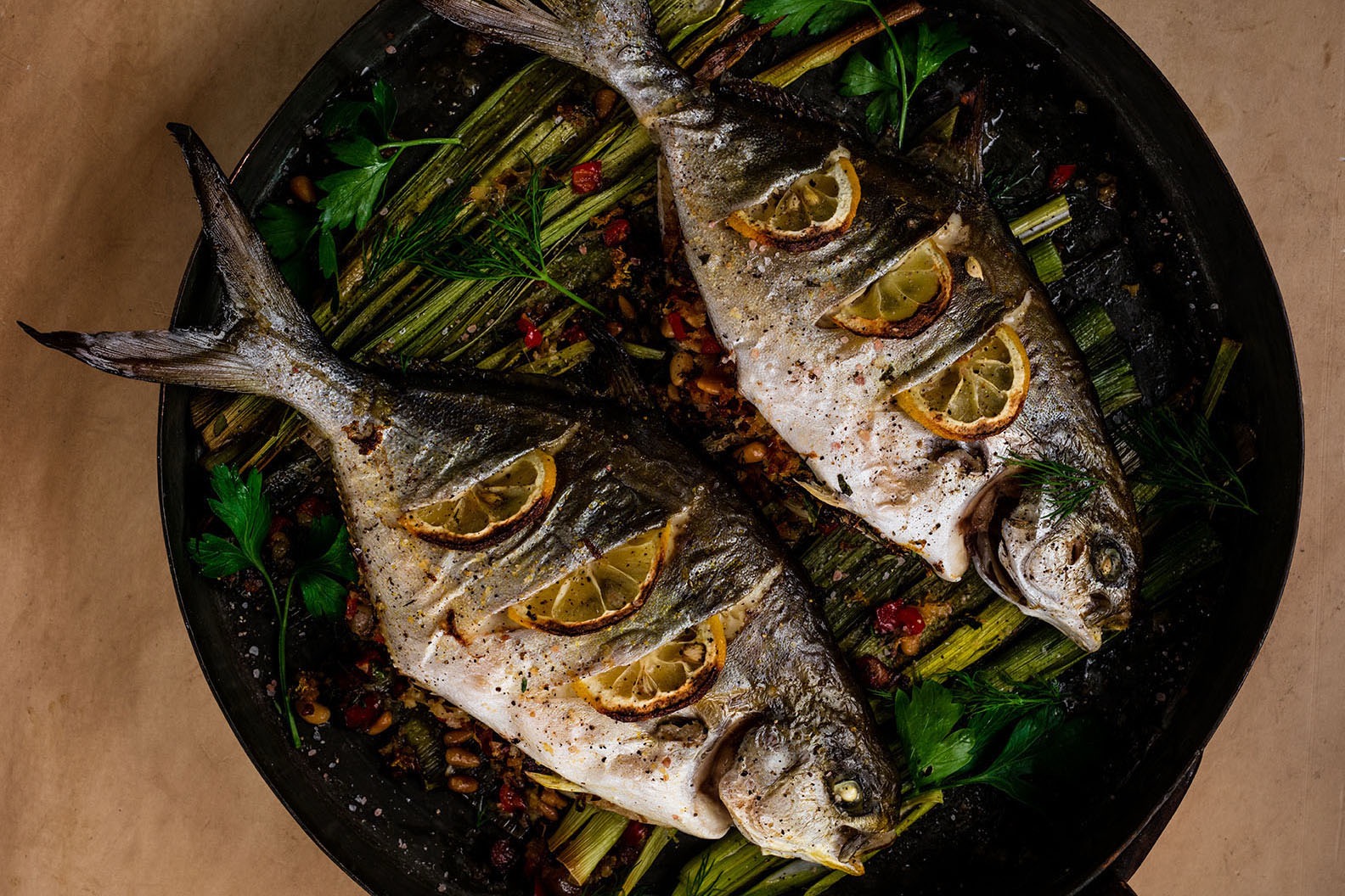 Oven Roasted Pompano with Pancetta-Pinenut Stuffing
