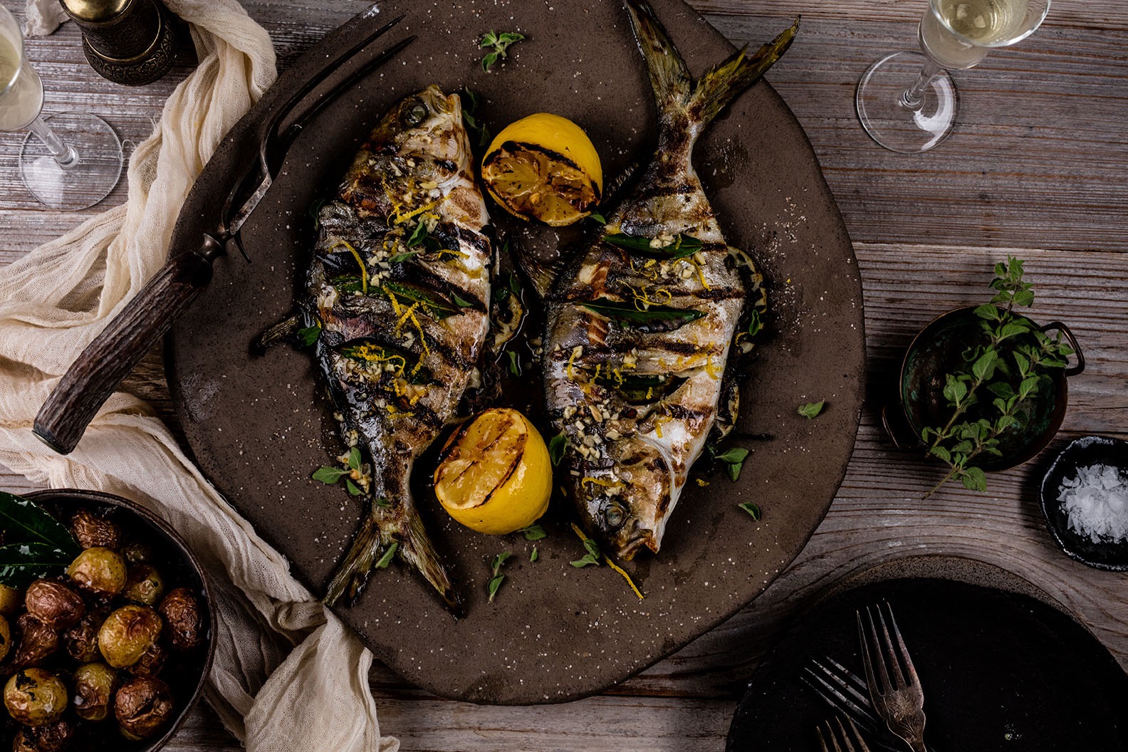 Grilled Mediterranean Pompano with roasted tomatoes