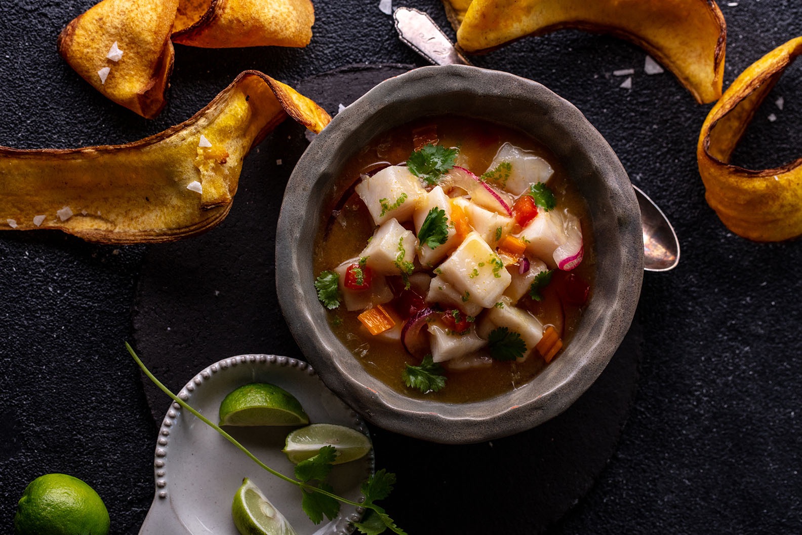 Pompano Ceviche Peruvian Style with plantain chips