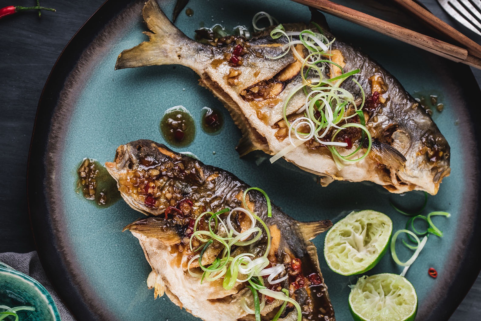 Crispy Pompano with Thai Chile Glaze and scallions