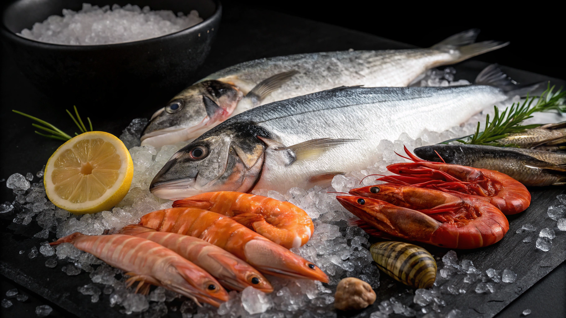 Premium pompano fish and crab in an editorial ocean aquaculture research presentation